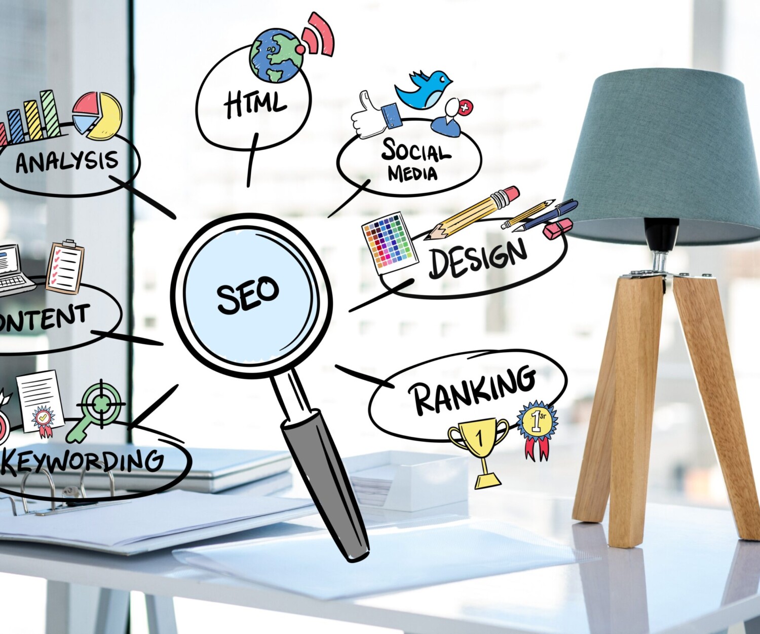 digital composite of business graphics with office background
