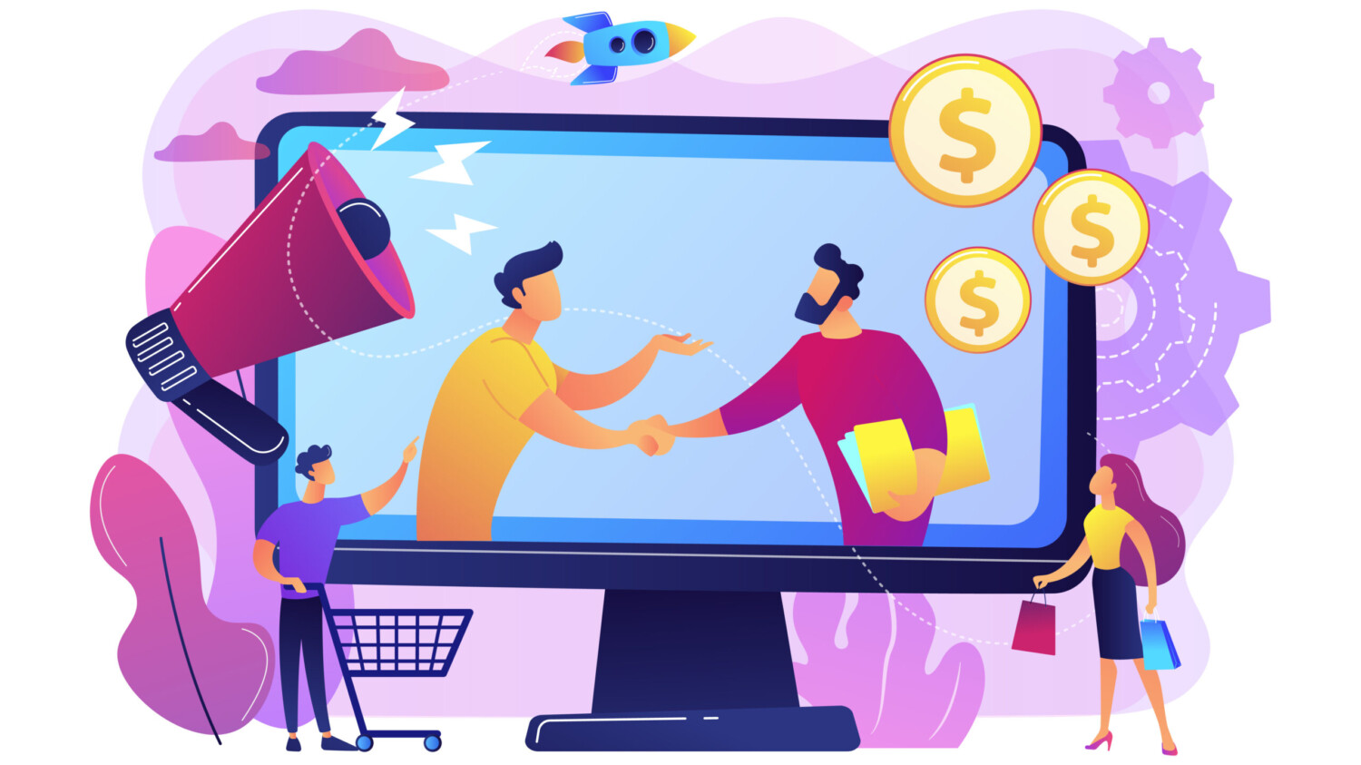 Profitable partnership, business partners cowork. Affiliate marketing, cost effective marketing solution, affiliate marketing management concept. Bright vibrant violet vector isolated illustration