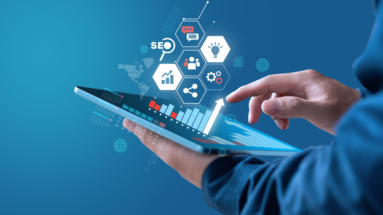 Businessman show growth graph of earning with digital marketing strategy.