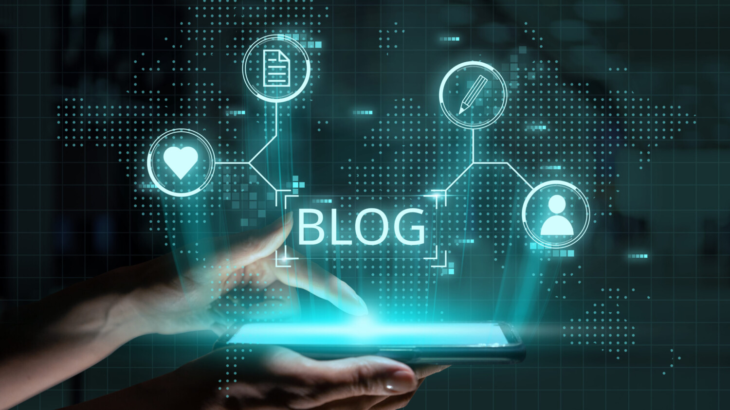 Social media and blog concept. Futuristic icon design and graphics above hand with smartphone.
