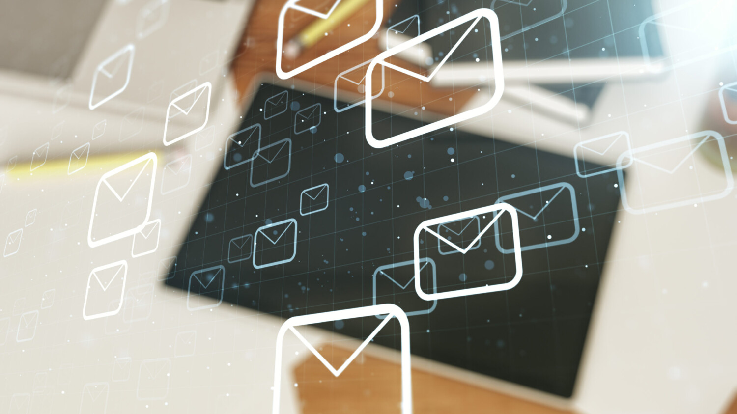 Double exposure of postal envelopes hologram and modern digital tablet on background, top view. Electronic mail and spam concept